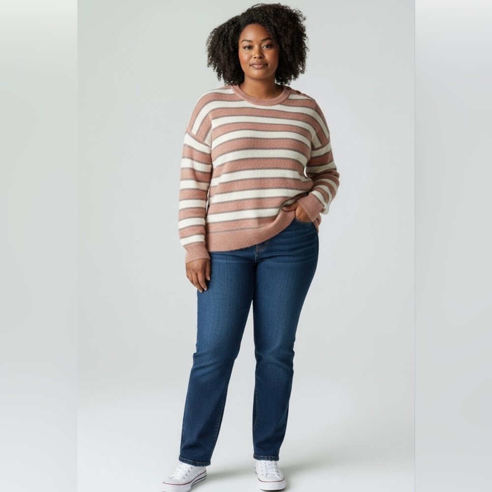 Barefoot Dreams Stripe Crew Neck Cozy Long Sleeve Pullover Sweater 1X